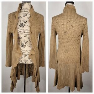 Elizabeth Gillett Sz S Crochet Open Cardigan Duster Flared Sleeves Brown